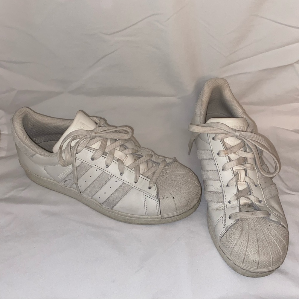 Adidas superstar shoes, white with cream suede accents, size 8